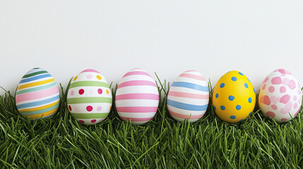 Fototapeta premium Colorful striped and polka dotted Easter eggs on grass