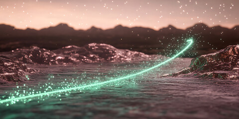 A glowing green arrow rises above a rippled otherworldly landscape under a starry sky.