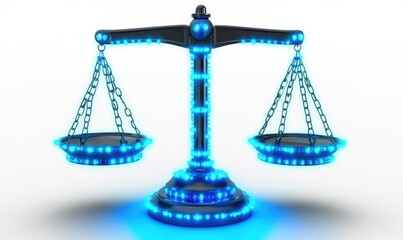 Balanced scales with blue lights on white background for justice concept