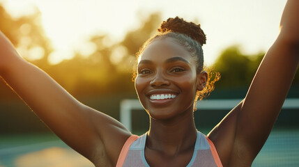 Joyful female athlete celebrating victory on tennis court during golden hour, showcasing determination and happiness in sport and wellness lifestyle