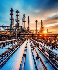 Snow-covered pipelines lead towards a large industrial refinery under a vibrant sunset sky with illuminated structures and towers.