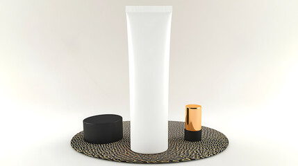 Naklejka premium White tube with a black and golden cosmetic container on a decorative surface.