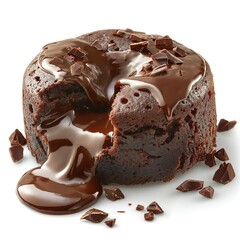 Decadent chocolate lava cake, gooey and rich, with melted chocolate oozing out, topped with chocolate shavings.