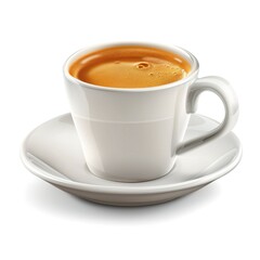 A white porcelain cup filled with steaming hot coffee, resting on a simple saucer.