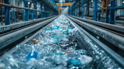 Plastic bottles and waste are seen floating in water at a recycling plant, showcasing the urgent need for effective recycling solutions and environmental awareness.