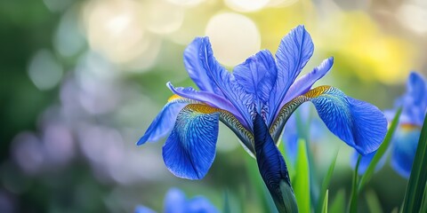 A close-up of a blue iris flower in soft natural lighting
