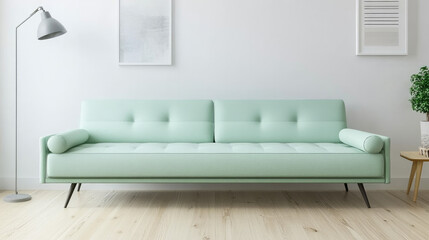 A contemporary 3D living room design with a mint green sofa on a white wall, light wooden floors, and stylish decor, creating a minimalist, clean space with a fresh, inviting atmosphere.