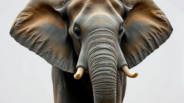 Detailed Close Up Portrait of a Gray African Elephant with Large Ears and Ivory Tusks Against a Light Gray Background