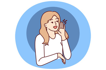 Woman screams with hand to mouth to announce start of seasonal sale or discounts for shopping. Beautiful girl promoter screams calling to pay attention to promotional product or service