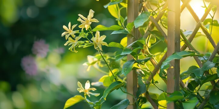 A close-up of a honeysuckle vine wrapped around a trellis