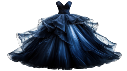 Elegant blue gown with layered tulle skirt displayed on a plain background