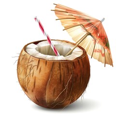 Fototapeta premium A refreshing coconut drink served with a straw and a colorful umbrella, perfect for tropical vibes.