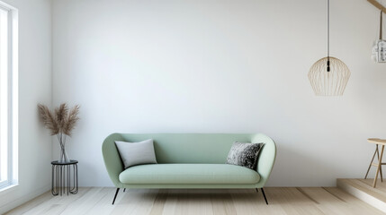 A contemporary 3D living room design with a mint green sofa on a white wall, light wooden floors, and stylish decor, creating a minimalist, clean space with a fresh, inviting atmosphere.