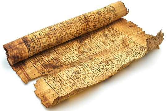 Ancient papyrus scroll with intricate hieroglyphics and aged parchment, showcasing the beauty of historical documentation.