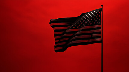 Black American flag waving in the wind, monochrome United States flag with dark stripes and stars, symbolizing defiance, resilience, and military tribute	