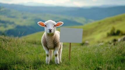 Lamb standing in green meadow with blank sign on sunny day, hills in background. Pastoral agriculture and countryside concept