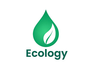A green leaf with a drop of water on it. The word ecology is written below the drop