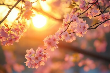 enchanting cherry blossom branches in full bloom against golden sunrise, traditional japanese aesthetic