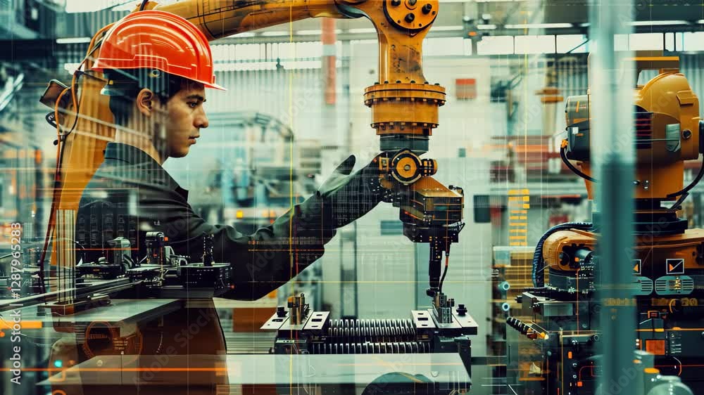 Aufkleber a factory worker collaborates with a mechanized robot arm on an assembly line in a modern industrial