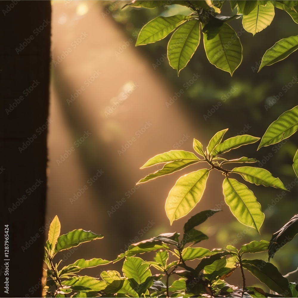 Poster beautiful sunlight filtering through lush green leaves in a tranquil forest setting with soft rays i