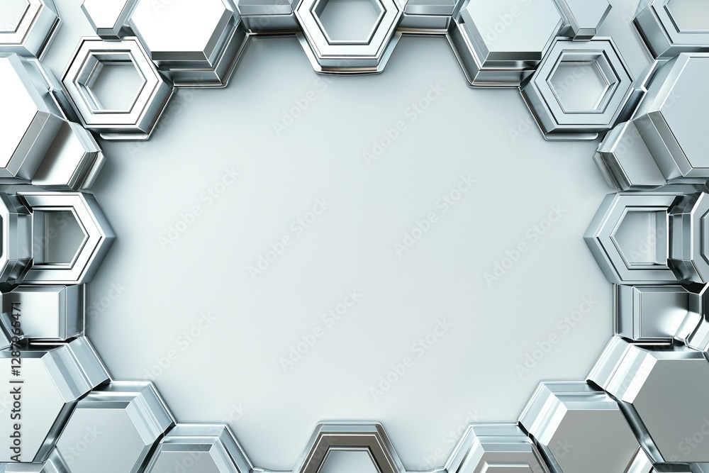 Poster abstract metallic hexagonal frame design on a smooth light background.