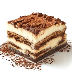 Delicious layered chocolate dessert featuring rich cream, coffee flavors, and a dusting of cocoa powder.