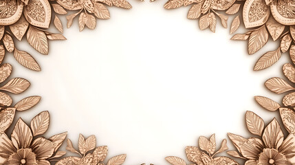 Elegant floral border design, ornate carved wood flowers and leaves frame, beige tones, copy space,  perfect for invitations or announcements.
