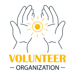Volunteer organization logo vector isolated. Logotype for charity community. Concept of love and support. Volunteer work. Sun symbol in human hands.