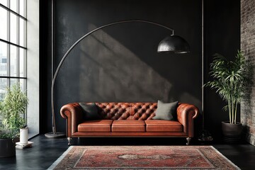 A dramatic, moody interior featuring dark walls, a bold leather couch, and a striking industrial-style arc floor lamp.