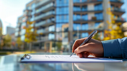 Owner signs the agreement of the purchase of a new estate