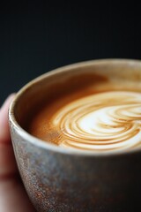 Closeup of a creamy cappuccino with beautiful latte art in a rustic ceramic mug against a dark background