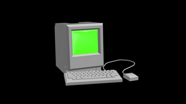 Retro pc with chroma key green screen, old computer isolated on black background. Retro obsolete technology. Mock up for 3d motion design and advertising.