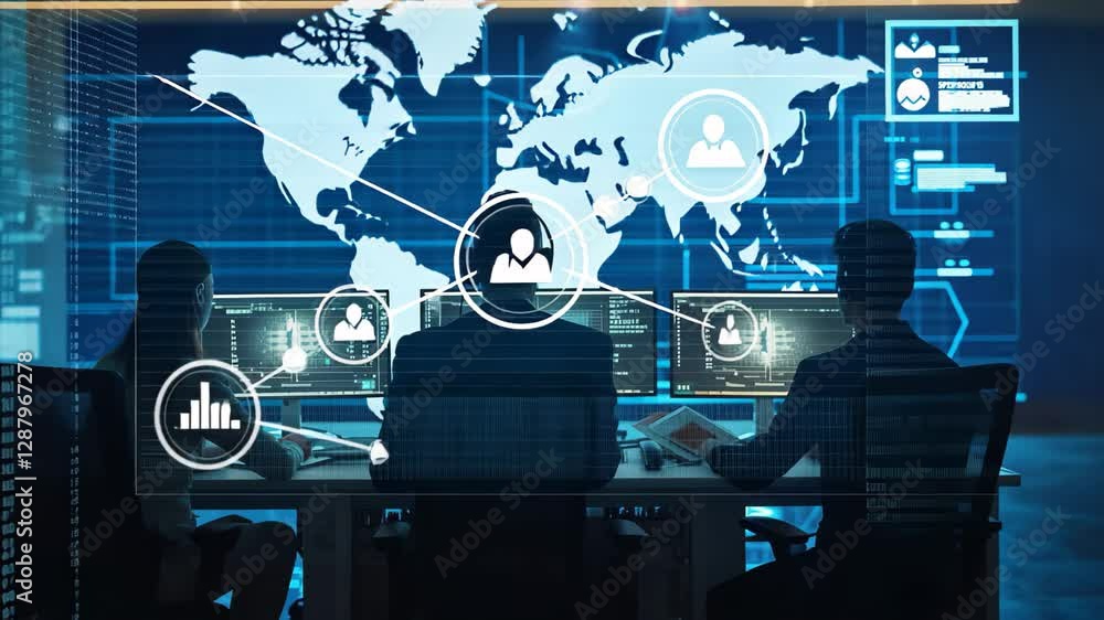 Poster futuristic cybersecurity workspace featuring a team engaged in analysis and monitoring of digital se