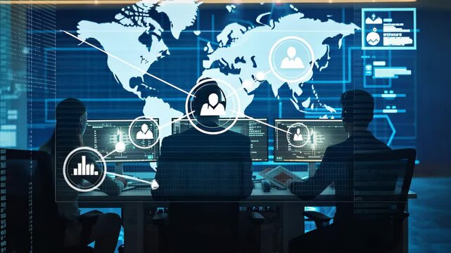 Futuristic cybersecurity workspace featuring a team engaged in analysis and monitoring of digital security systems during a high-tech project