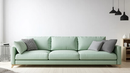 A contemporary 3D living room design with a mint green sofa on a white wall, light wooden floors, and stylish decor, creating a minimalist, clean space with a fresh, inviting atmosphere.