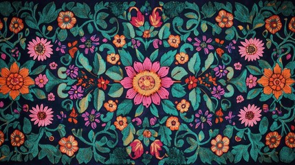 Vibrant Floral Embroidery Pattern  Textile Design  Dark Background
