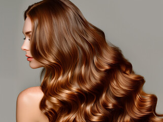 Fototapeta premium Profile of healthy woman with wavy hairstyle. Beauty female person with make-up