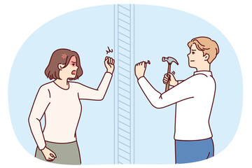 Angry woman knocks on wall swearing at neighbor is doing repairs in apartment and using hammer. Nervous girl quarreling with neighbor hammering nails because of noise caused by renovation