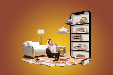 Online study, digital knowledge. Man, student sitting on floor surrounded by flying books. 3D model...