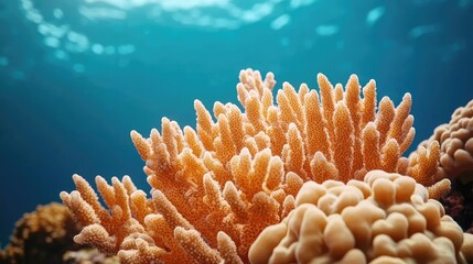 Ocean acidification concept. Vibrant coral reef thriving under ocean surface, showcasing marine biodiversity and beauty.