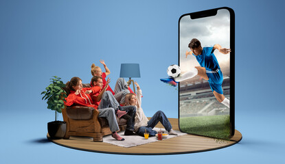 Digital football, virtual engagement. Group of friends watching online soccer match, player kicking ball through smartphone screen. 3D model of phone. Concept of e-sports, betting, technologies