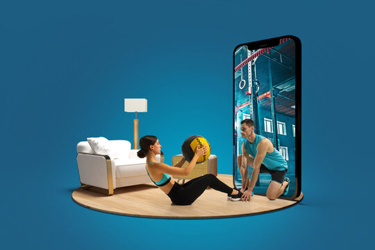 Online fitness, home workout. Woman training at home with medicine ball with her male virtual trainer on smartphone screen assisting. 3D model of smartphone. Concept of sport application