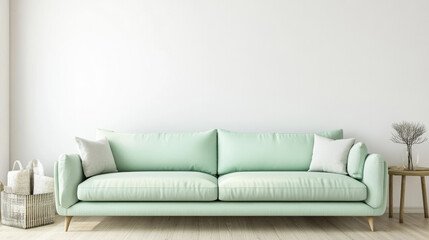 A contemporary 3D living room design with a mint green sofa on a white wall, light wooden floors, and stylish decor, creating a minimalist, clean space with a fresh, inviting atmosphere.