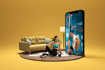 Online fitness training. Woman sitting on floor in sportswear smiling at virtual coach appearing...