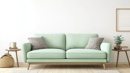 Fototapeta premium A contemporary 3D living room design with a mint green sofa on a white wall, light wooden floors, and stylish decor, creating a minimalist, clean space with a fresh, inviting atmosphere.