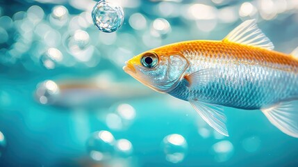 Fototapeta premium Ocean acidification concept. A vibrant fish swims gracefully through shimmering bubbles underwater.