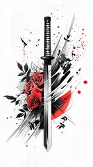 Katana Sword with Red Roses and Ink Splatter Tattoo Design