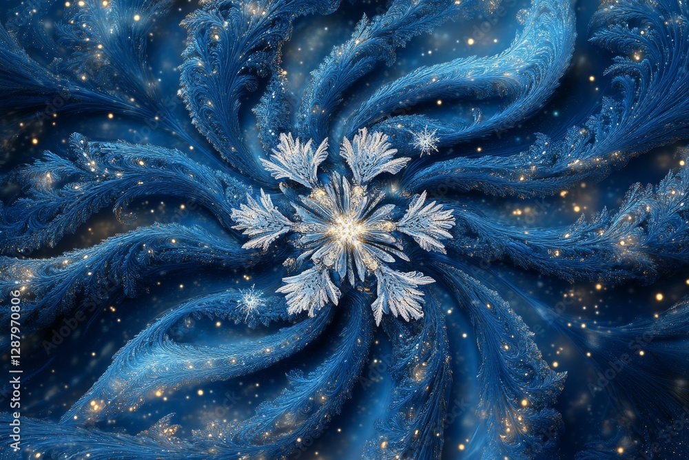 Poster abstract design of swirling blue and silver patterns creating a glowing snowflake, symbolizing winte