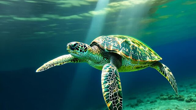 A sea turtle gracefully swims through the clear blue waters of the ocean, showcasing its beautiful shell pattern and serene movements in a sunlit underwater environment