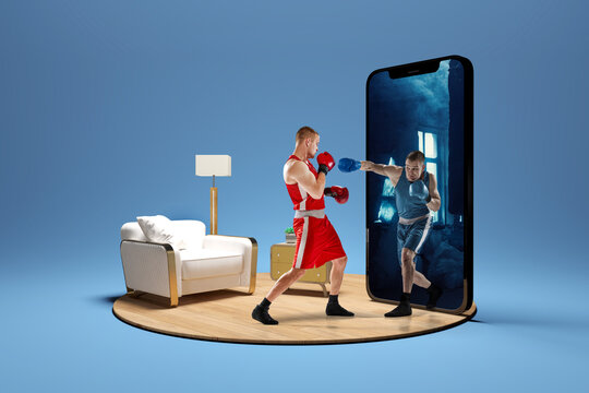 Virtual boxing match. Boxer in red gear engaging in fight with virtual opponent stepping through 3D model of smartphone screen from dark training room, blending real and digital worlds